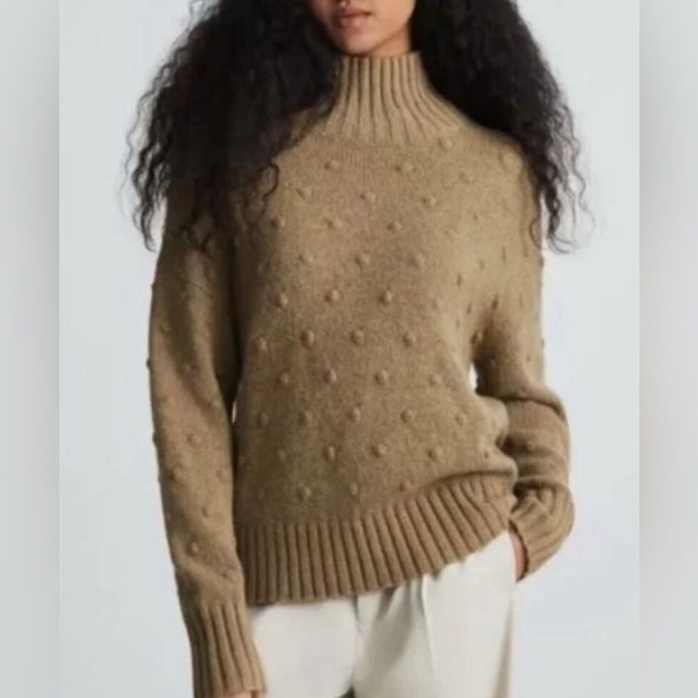 Everlane the alpaca wool pom pom turtleneck sweater tan size large